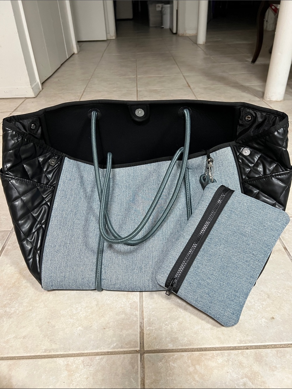 Haute Shore Denim/Leather Greyson Neoprene Bag with Matching Pouch